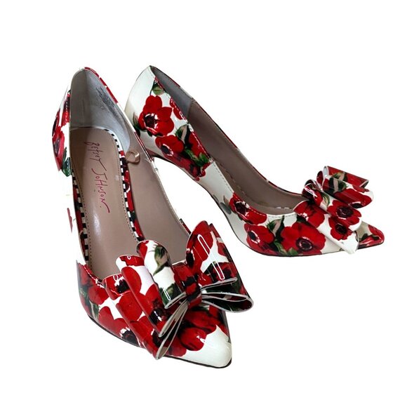 Betsey Johnson Shoes - Betsey Johnson Bret Pump Pointed Tow with Bow in Red and Black Floral Print 5.5
